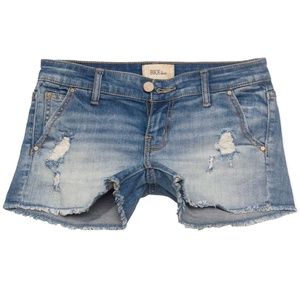 BKE Stella Distressed Denim Blue Jean Shorts Sz 25 Actual 27" Waist Thick Stitch
